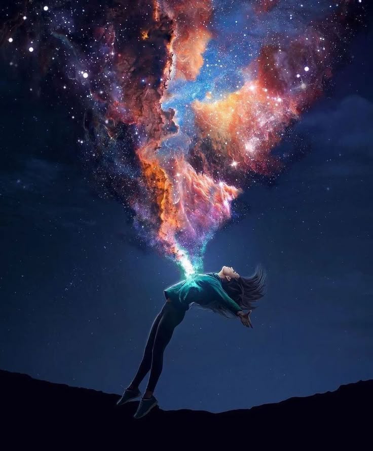 A person appears to be embracing the universe, with a colorful cosmic explosion emerging from their chest against a starry night sky.