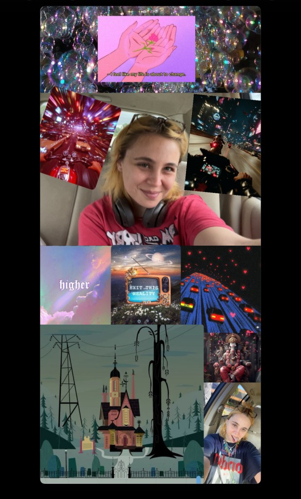A collage of various images including a girl with blonde hair smiling in a car, colorful animated backgrounds, a retro TV, an artistic depiction of a mansion, and a vibrant city scene at night.