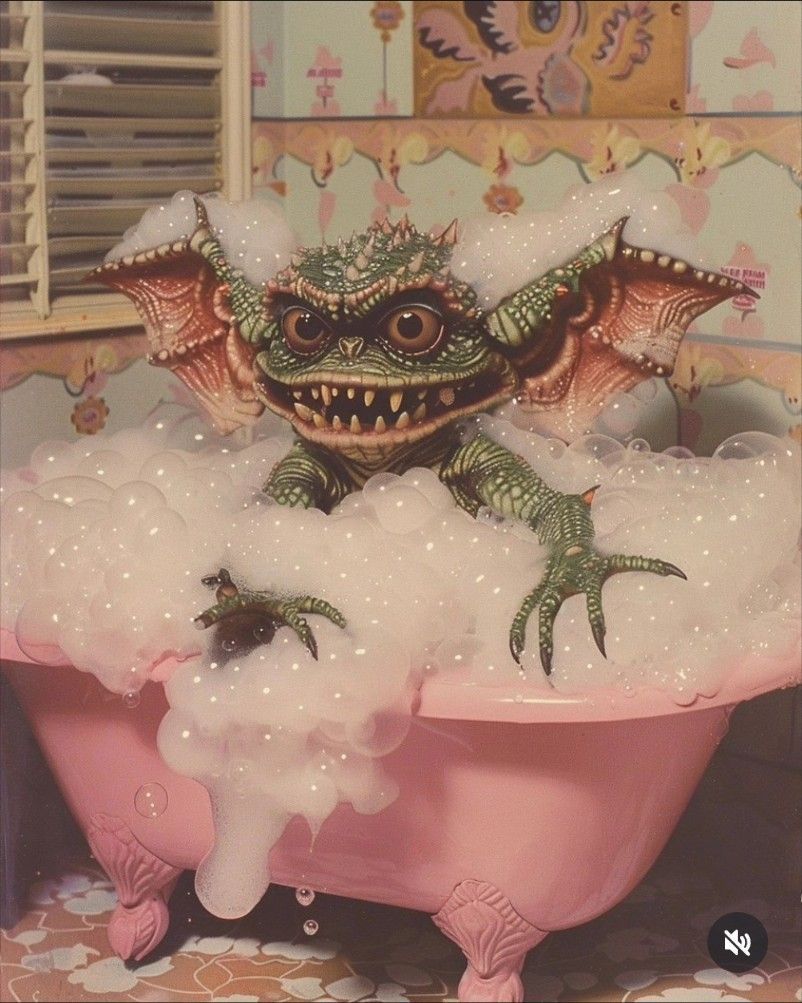 A green, cartoonish creature with wings and sharp teeth sitting playfully in a pink bathtub filled with bubbles.
