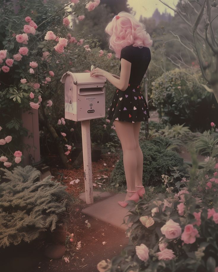 A young woman with pink hair stands by a vintage mailbox surrounded by blooming roses, wearing a black dress with heart patterns.