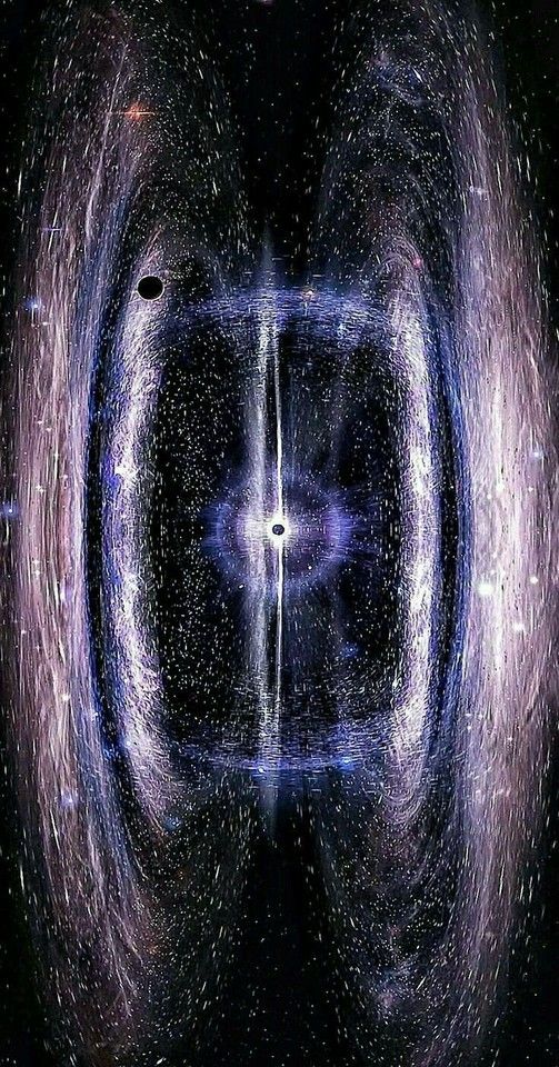 A cosmic scene depicting swirling galaxies and bright stars, with a central dark area suggesting a black hole or vortex in space.