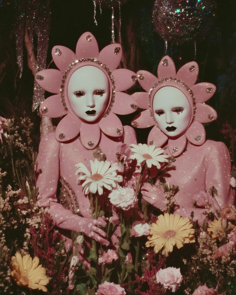 Two humanoid figures with flower-shaped headpieces and glittery pink outfits stand among colorful flowers, creating a whimsical and surreal scene.