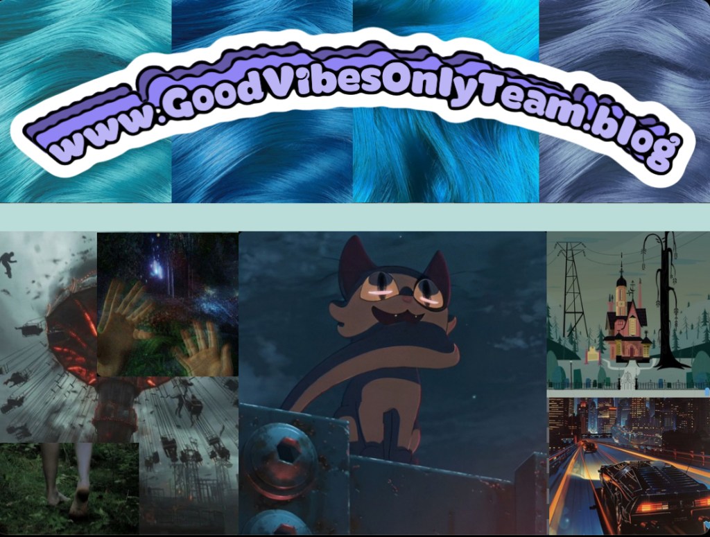 A collage featuring various shades of blue hair, a whimsical animated character with large eyes, a dramatic scene of an amusement park ride, hands reaching towards a glowing light, a person walking through a forest, a night cityscape with cars, and a stylized house.