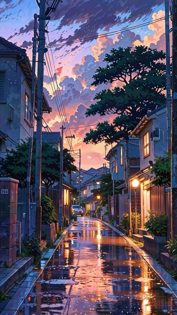 A serene urban street scene at dusk, featuring houses with warm lights, a tree, and reflective wet pavement under a colorful sky with clouds.