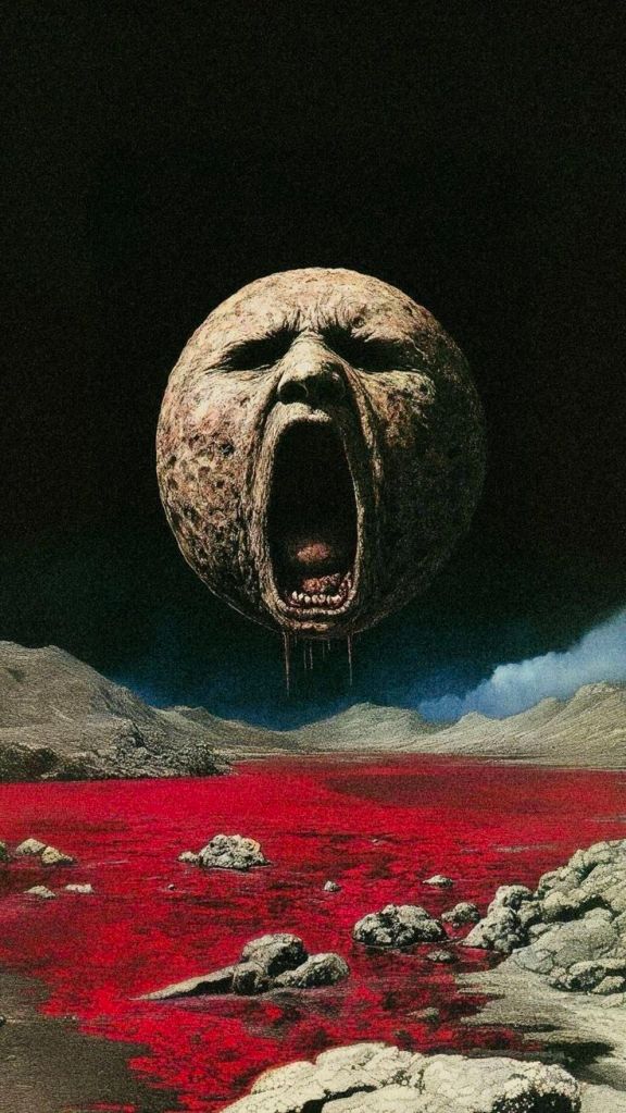 A surreal landscape featuring a large, expressive face on a moon-like sphere, emitting a scream. The foreground is dominated by a blood-red terrain with rocky formations, set against a dark, starry background.