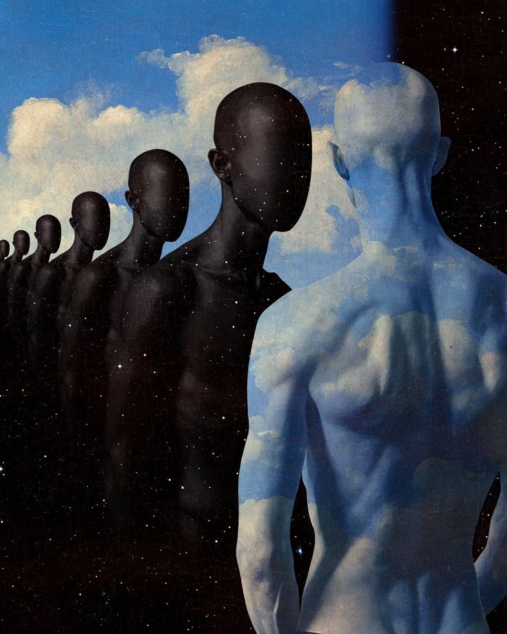 A surreal digital artwork depicting multiple faceless figures fading into a cosmic background, with varying skin tones and ethereal cloud patterns.