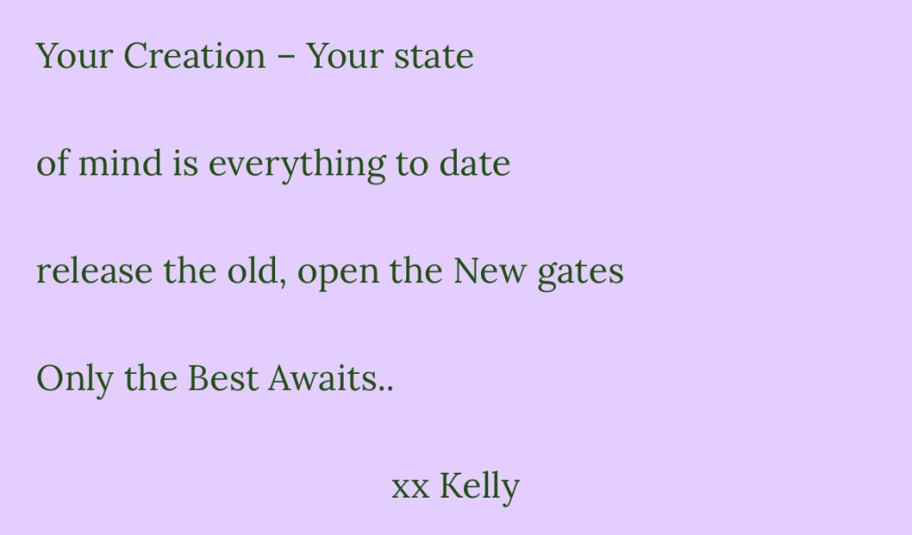 A design featuring inspirational text on a pastel purple background, conveying messages about creation, mindset, and new beginnings, signed by Kelly.