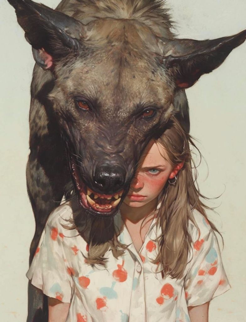 A close-up of a young girl with long hair wearing a patterned shirt, standing in front of a large, menacing hyena-like creature that has its head positioned closely behind her.