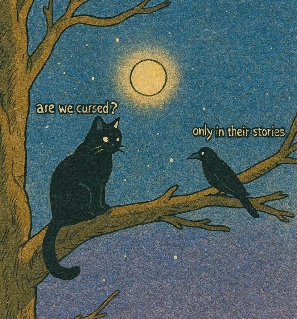 A black cat and a crow perched on a tree branch under a night sky with a full moon, with text questioning if they are cursed.