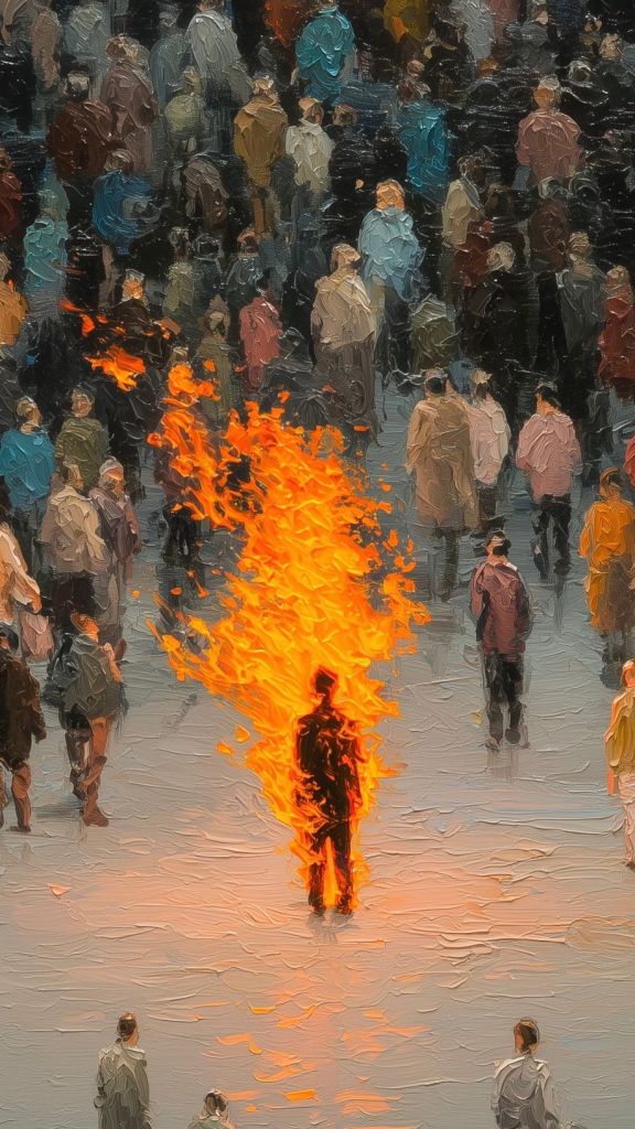 A crowd of people standing around a figure engulfed in flames, creating a stark contrast against the muted surroundings.
