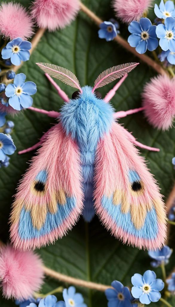 A colorful moth with fluffy blue and pink wings, surrounded by pink fluffy flowers and blue forget-me-nots on a green leaf.