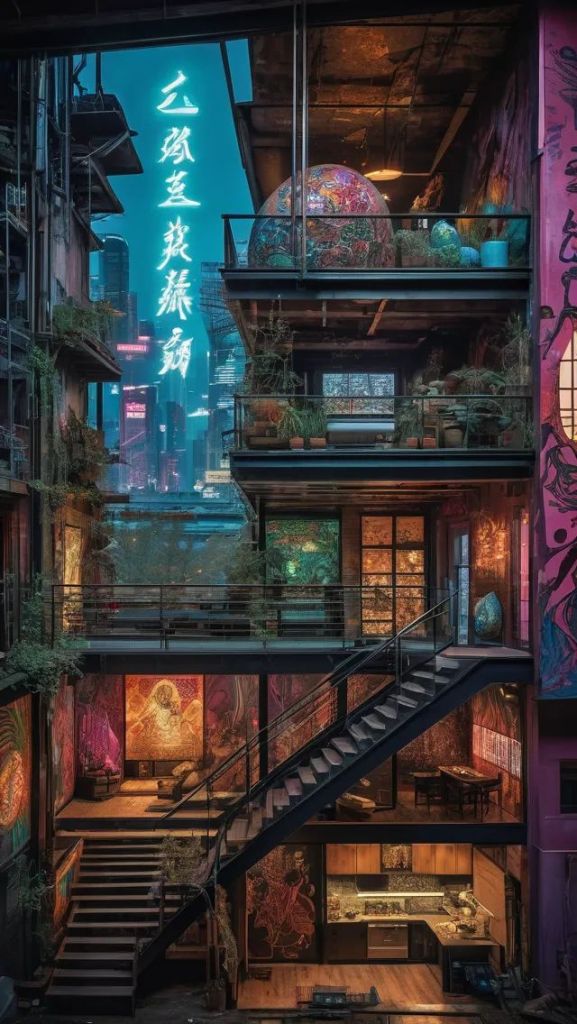 Interior of a modern multi-story building featuring vibrant artwork on the walls, a staircase, and a view of a city skyline illuminated at night.