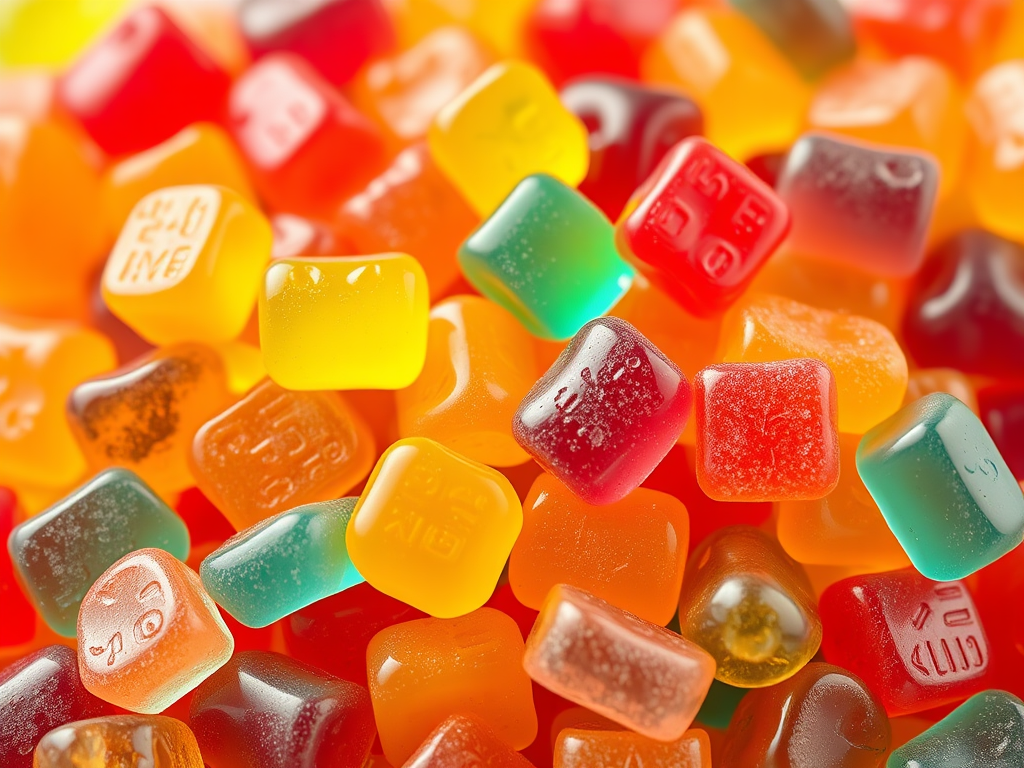 A colorful assortment of gummy candies arranged closely together, showcasing various shapes and vibrant hues, including reds, oranges, yellows, and greens.
