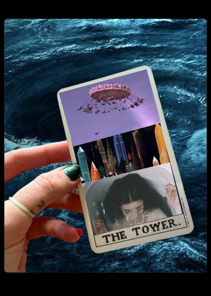A hand holding a tarot card titled 'The Tower,' featuring surreal imagery including a carnival ride, a city skyline, and a person submerged in water, against a swirling blue background.