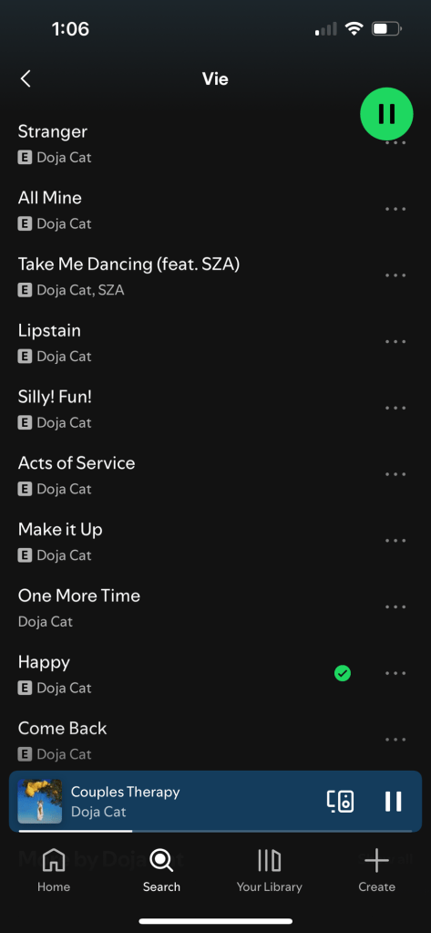 A playlist interface on Spotify showcasing songs by Doja Cat, including titles like 'Stranger', 'All Mine', and 'Happy', with one song currently playing.