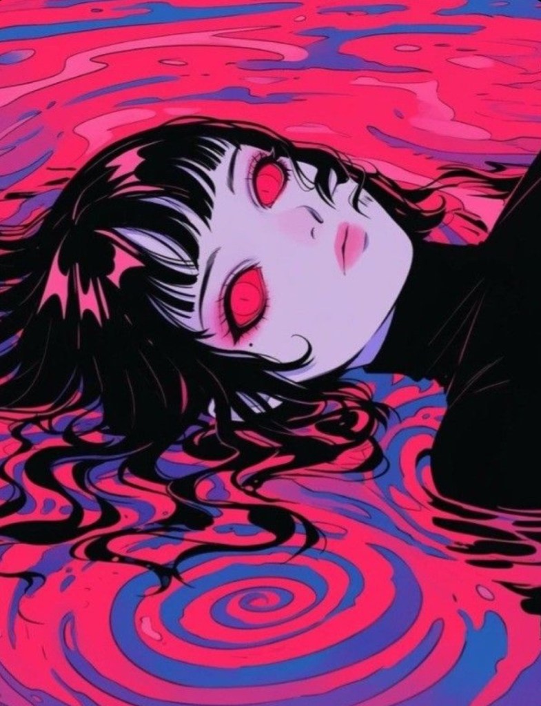 An illustrated character with dark hair and bright red eyes floating in a swirling, pink and purple background.