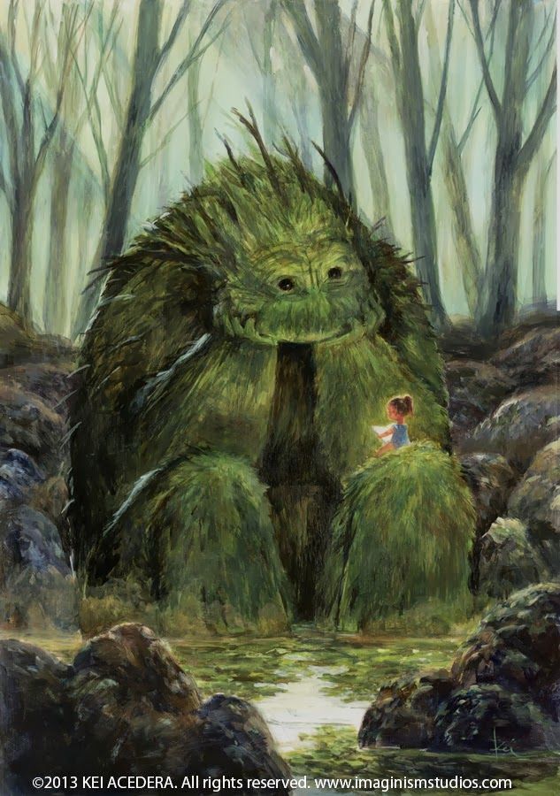 A large, green creature with a friendly expression sits beside a small girl in a forested area, surrounded by trees and foliage.