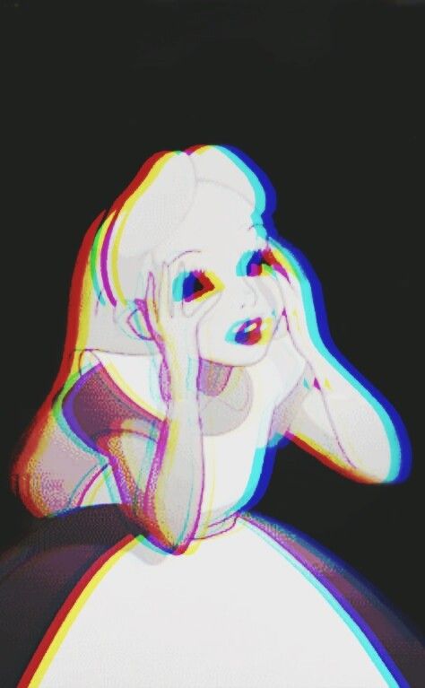 A stylized illustration of a young girl with blonde hair, wearing a white dress and looking distressed, surrounded by a colorful glitch effect against a dark background.