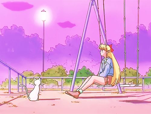 A girl with long blonde hair sitting on a swing at sunset, with a white cat beside her in a pink and purple sky.